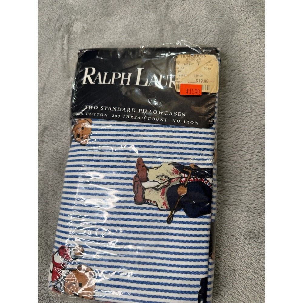 RARE Ralph Lauren POLO TEDDY BEAR Blue White Striped 2 Standard Pillowcases